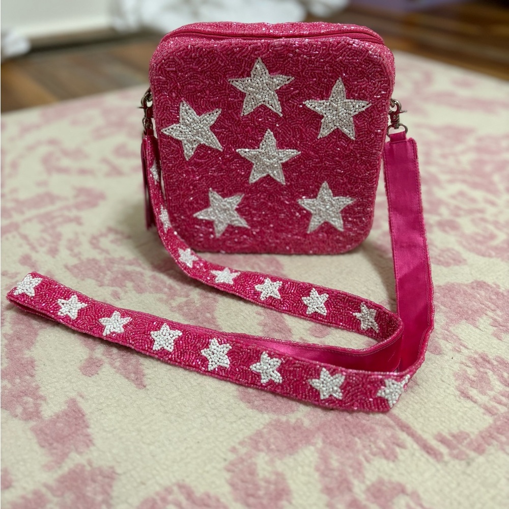 Moyna New York Hand-beaded Star Crossbody Bag Pink & White